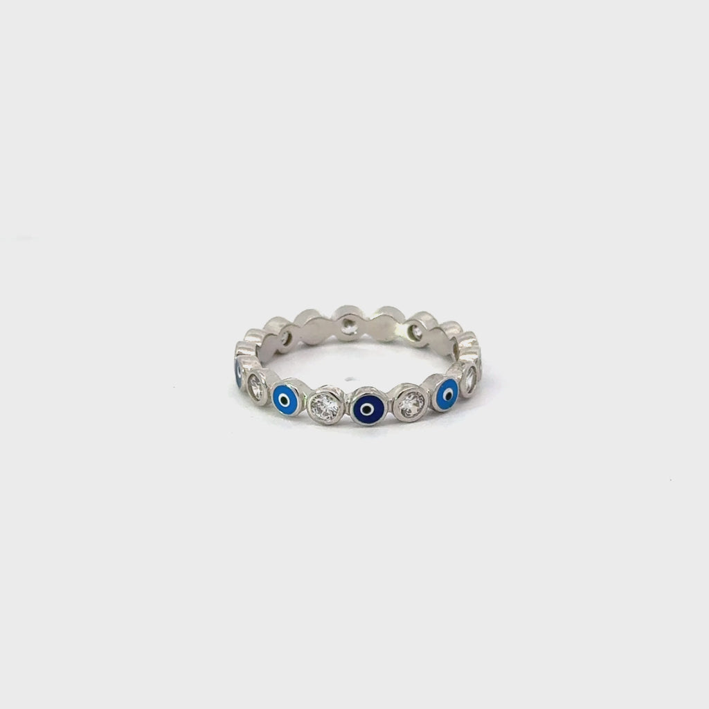 Dark And Light Blue Evil Eye Ring With Cubic Zirconia