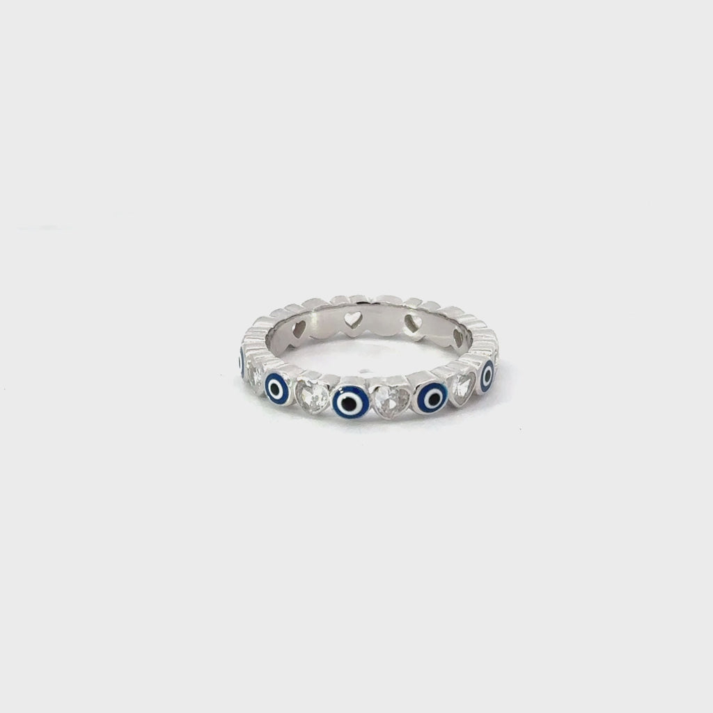 Dark Blue Evil Eye Ring With Cubic Zirconia Hearts