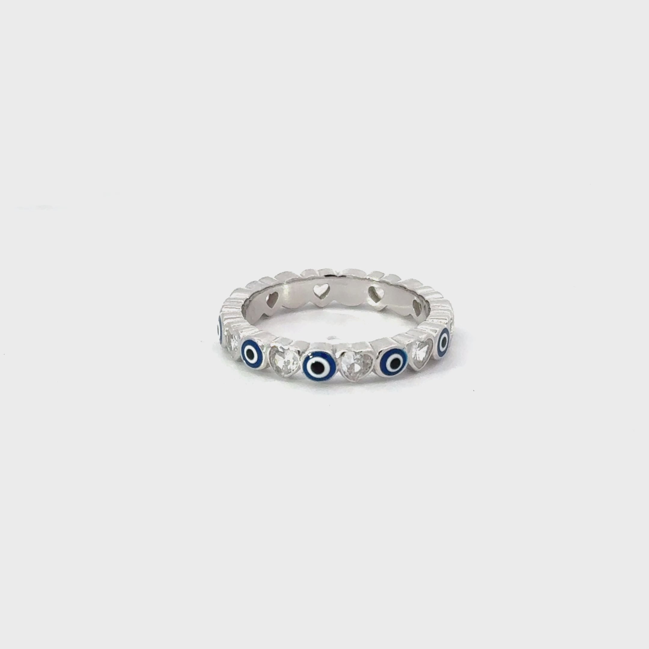 Dark Blue Evil Eye Ring With Cubic Zirconia Hearts
