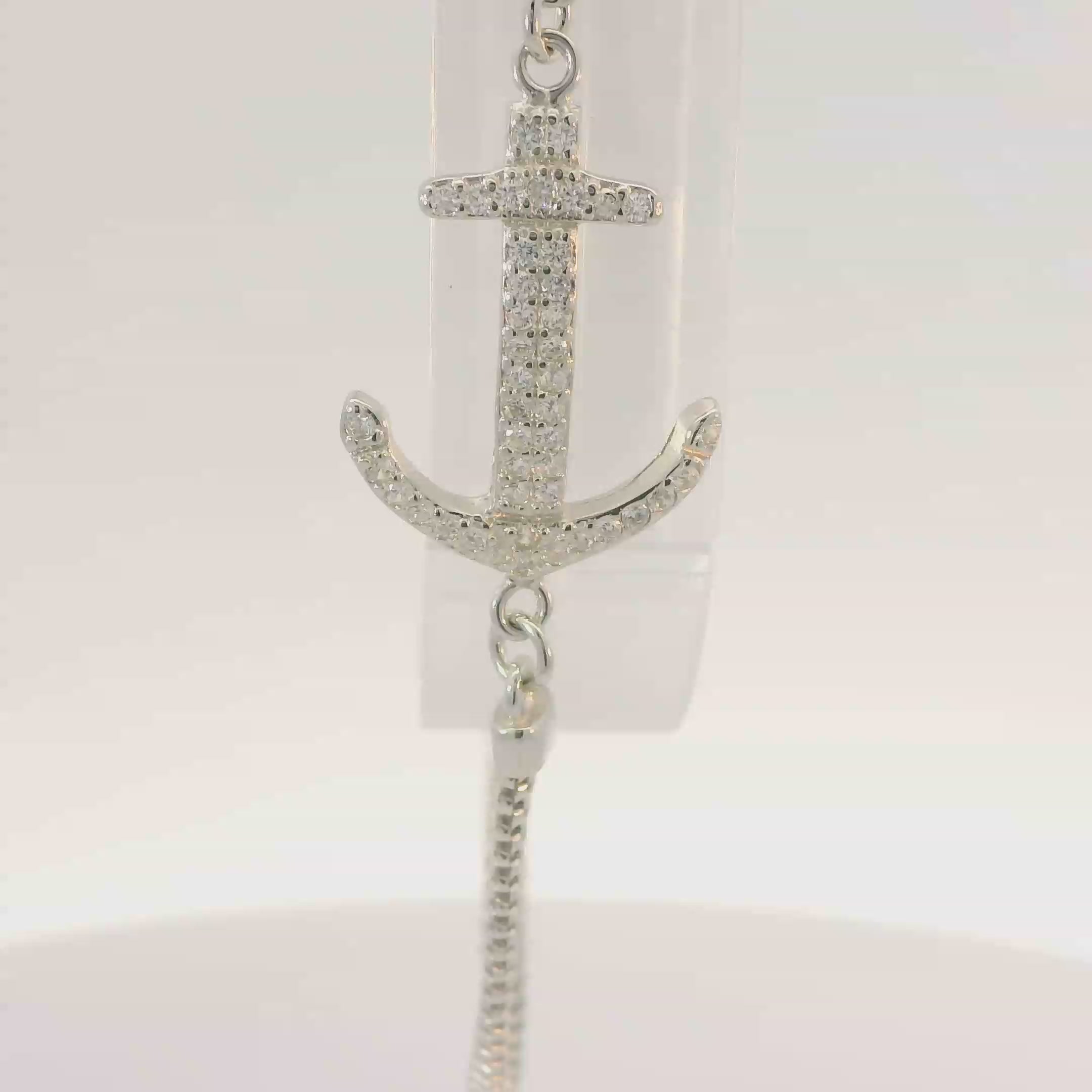 CUBIC ZIRCONIA STERLING SILVER NAUTICAL BRACELET (ANCHOR)