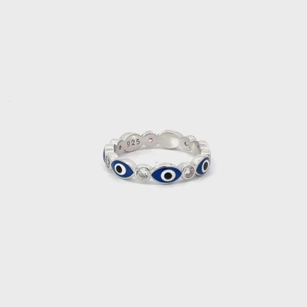 Dark Blue Evil Eye Ring With Cubic Zirconia