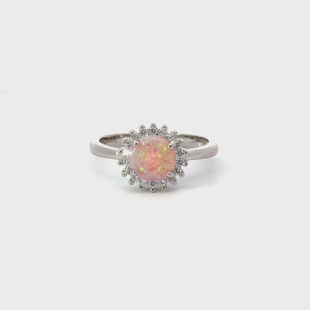 Pink Lab opal sterling silver ring with cubic zirconia