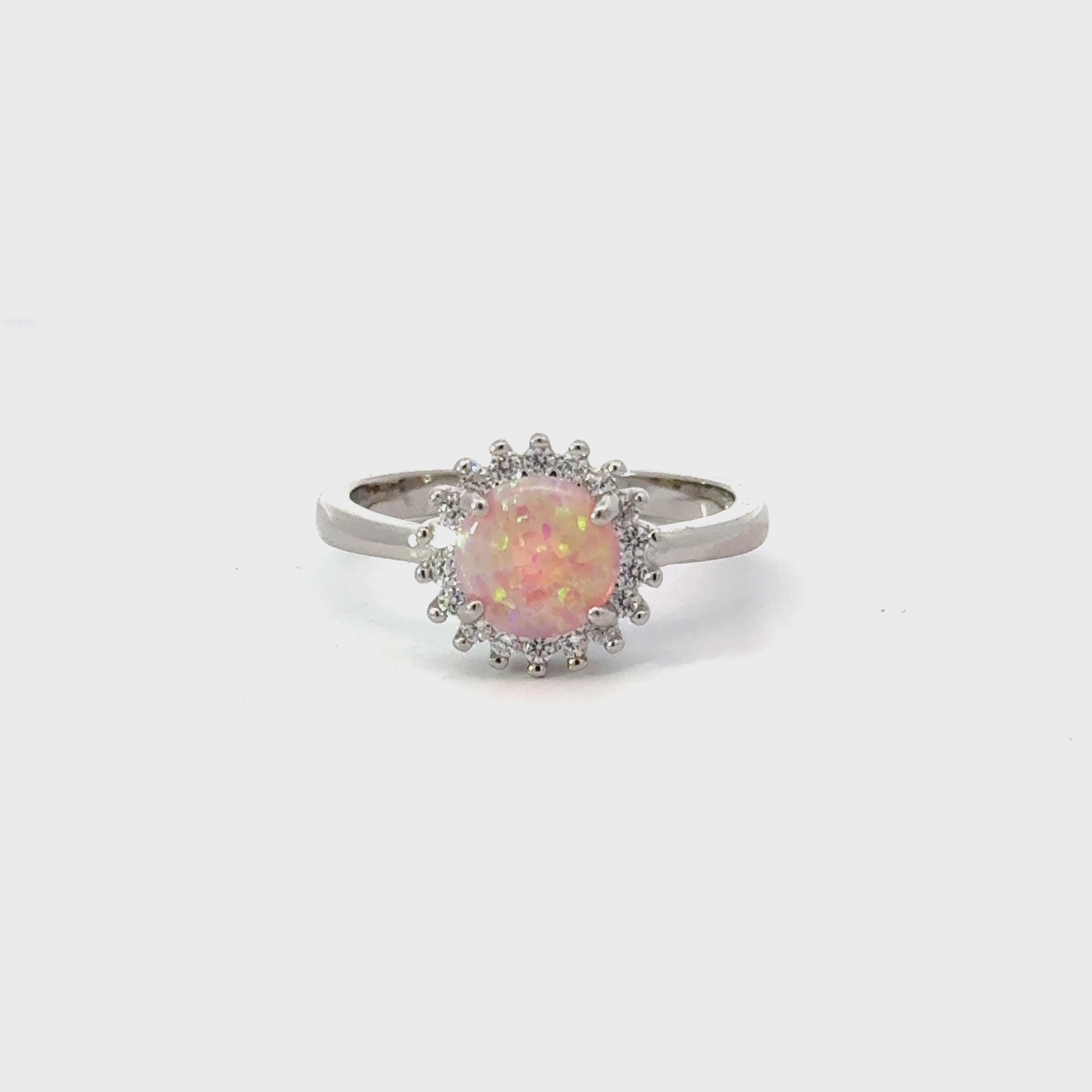 Pink Lab opal sterling silver ring with cubic zirconia