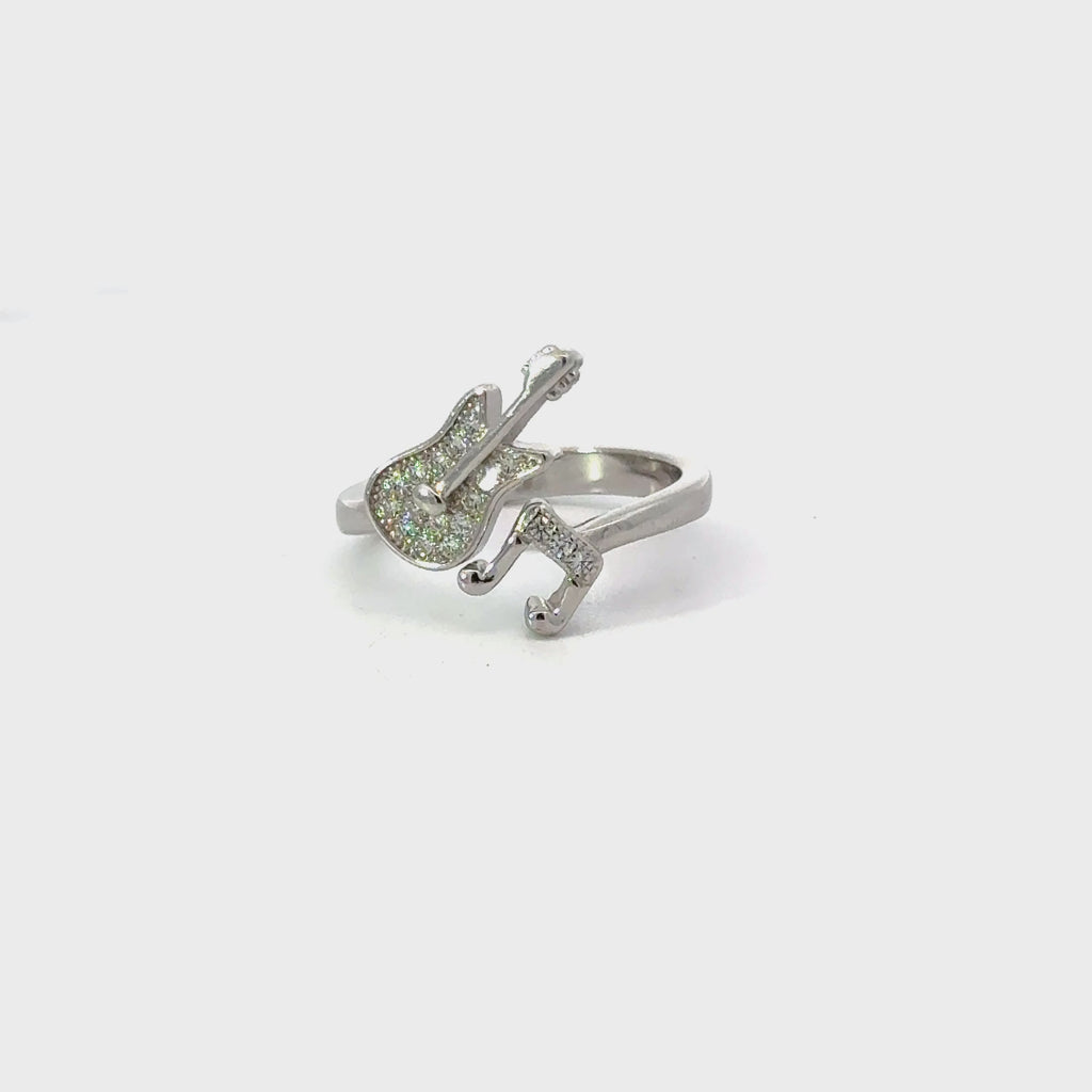 WHITE CUBIC ZIRCONIA STERLING SILVER RING (GUITAR & NOTE)