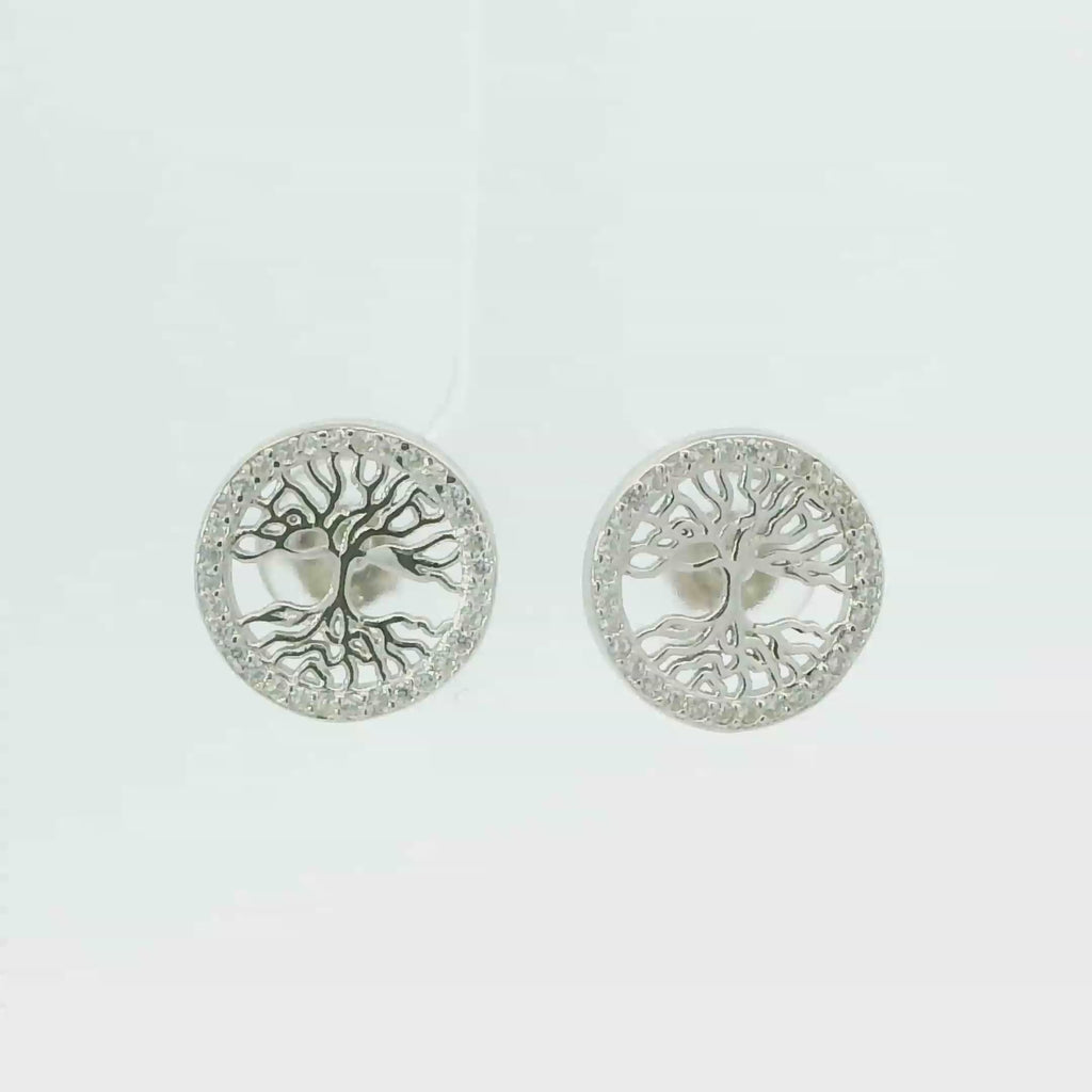 WHITE CUBIC ZIRCONIA STERLING SILVER EARRINGS (TREE OF LIFE)