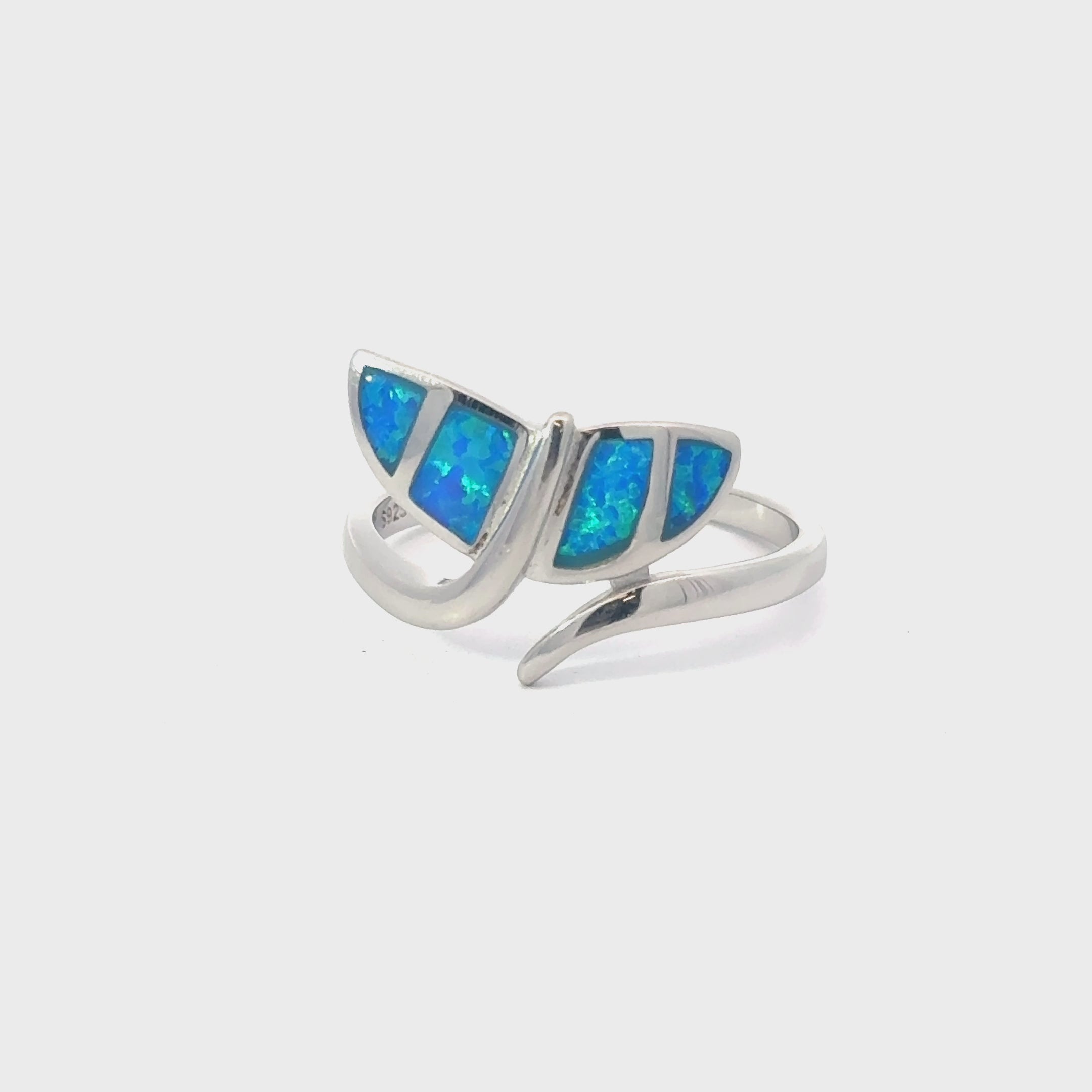 0109803401 Blue whale tail lab opal sterling silver ring