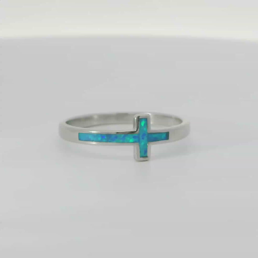 Blue lab opal cross sterling silver ring