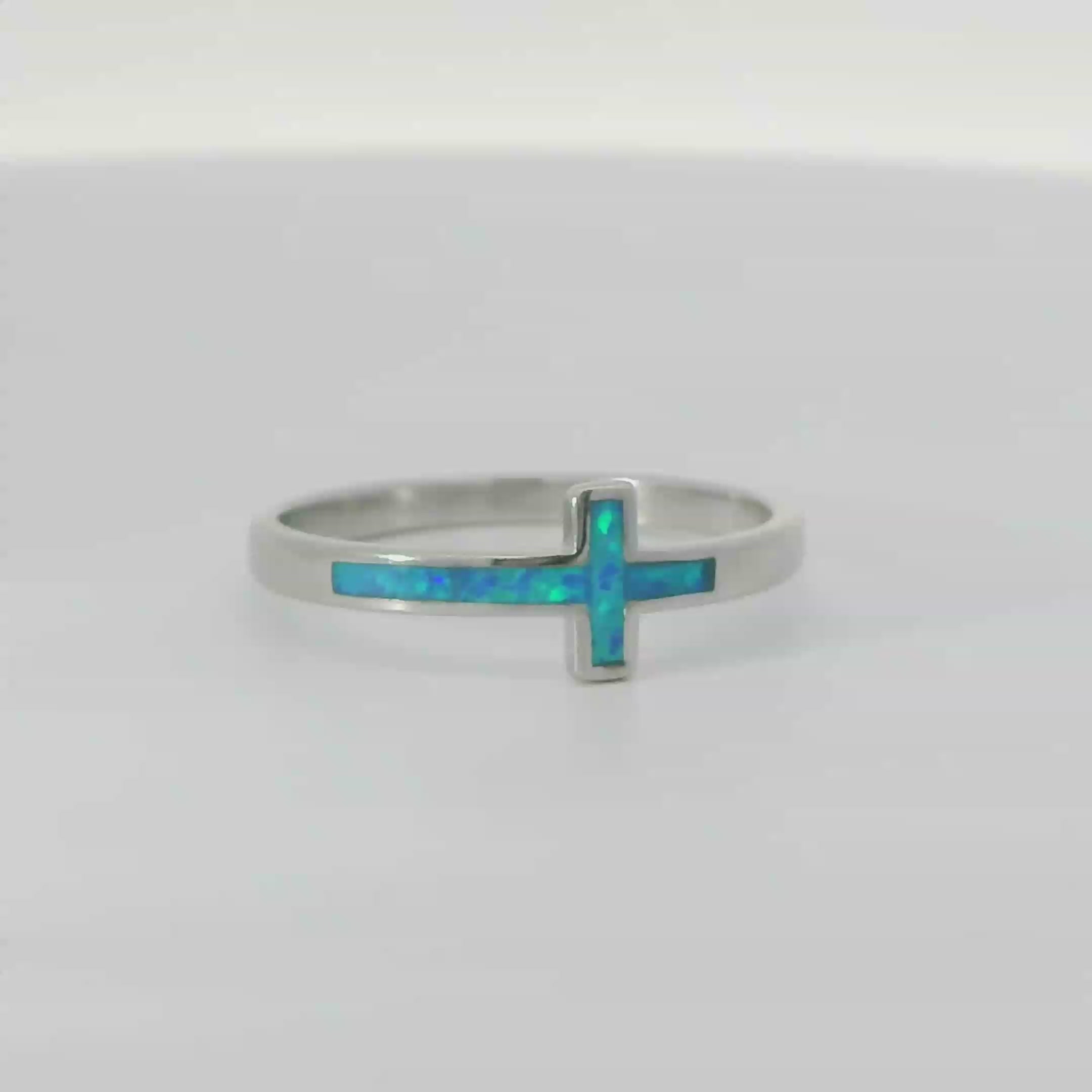 Blue lab opal cross sterling silver ring