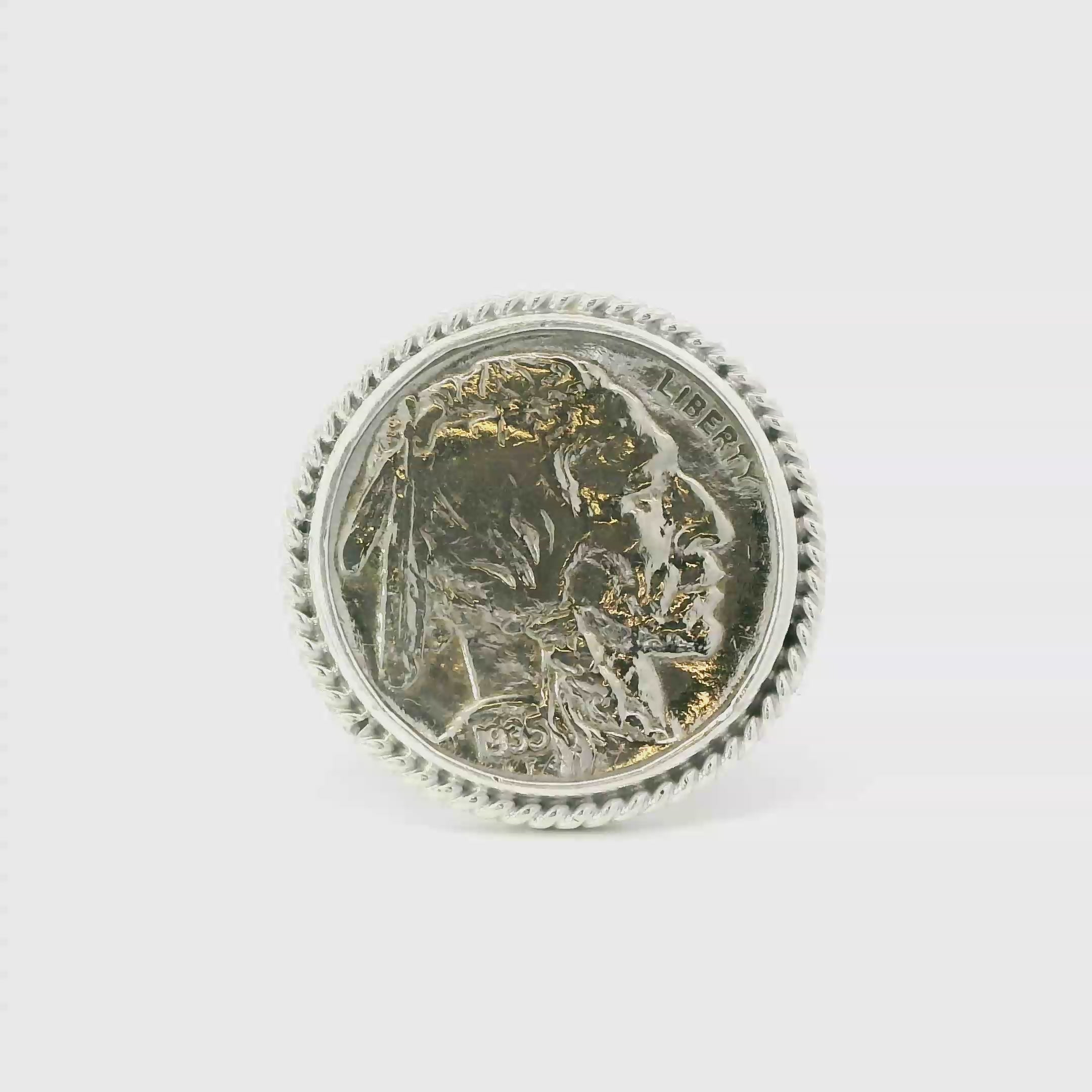 Buffalo nickel sterling silver ring with rope