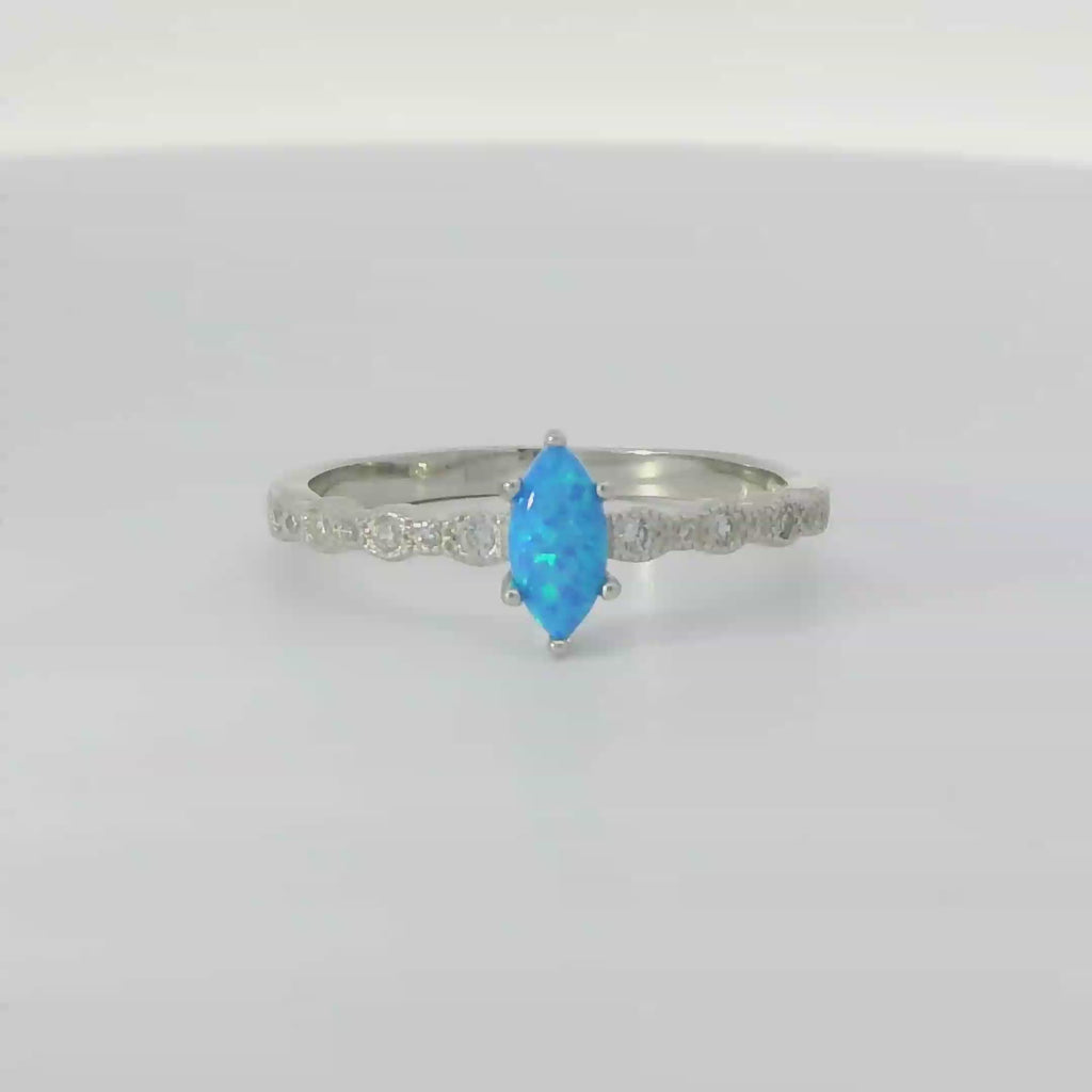 8x4 Marquise cut Blue lab opal with cubic zirconia sterling silver ring