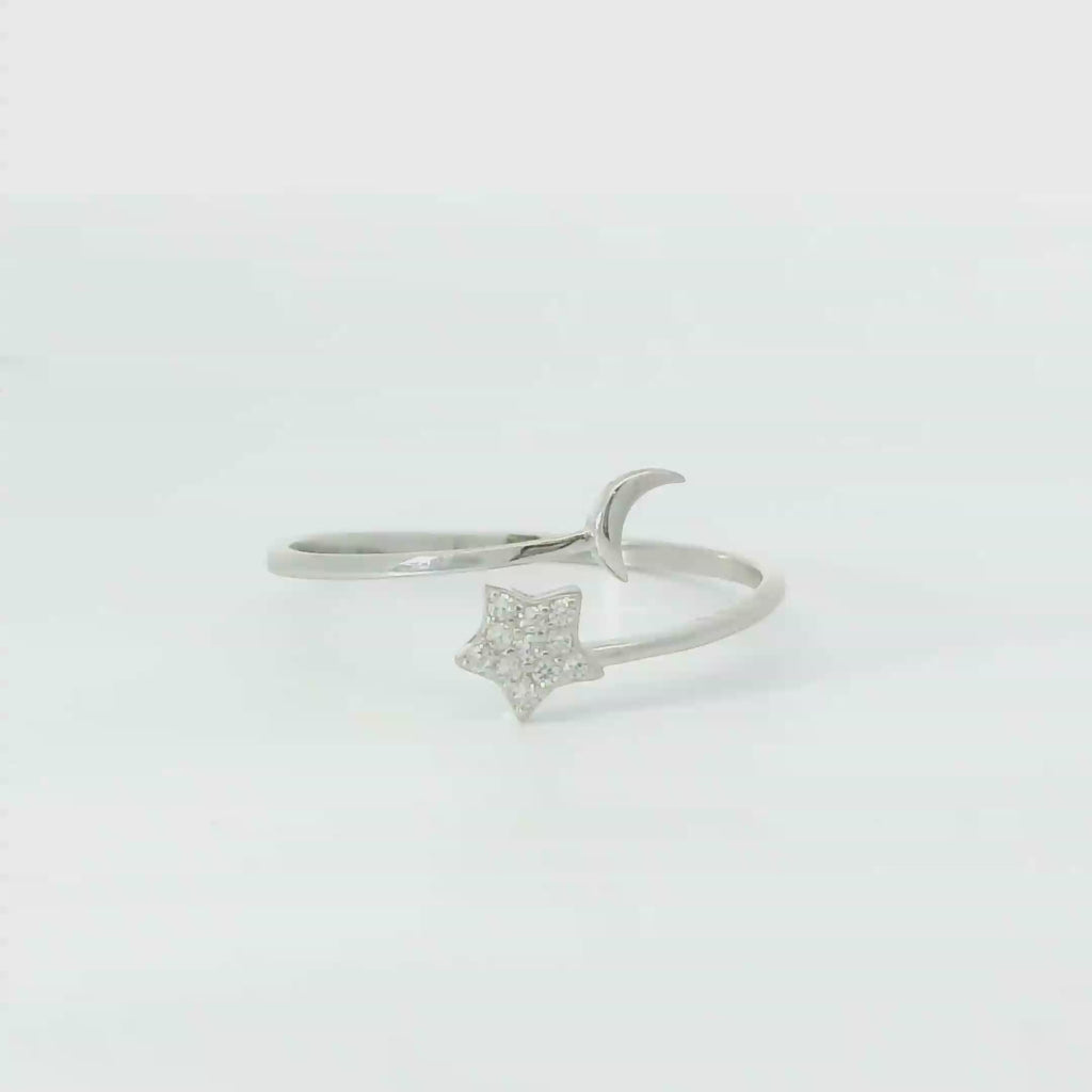 Sterling silver adjustable ring with cubic zirconia (Moon & Star)