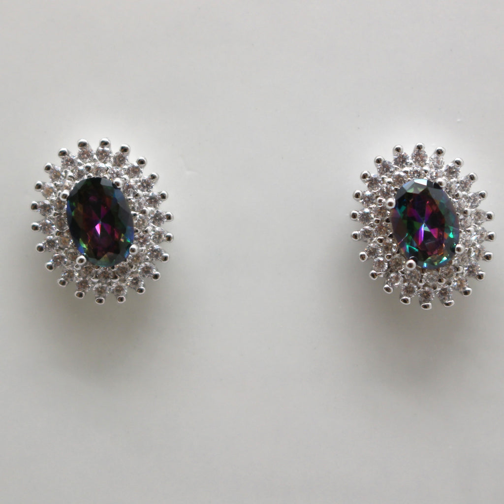 BLUE and MYSTIC TOPAZ CUBIC ZIRCONIA STERLING SILVER EARRINGS (OVAL)