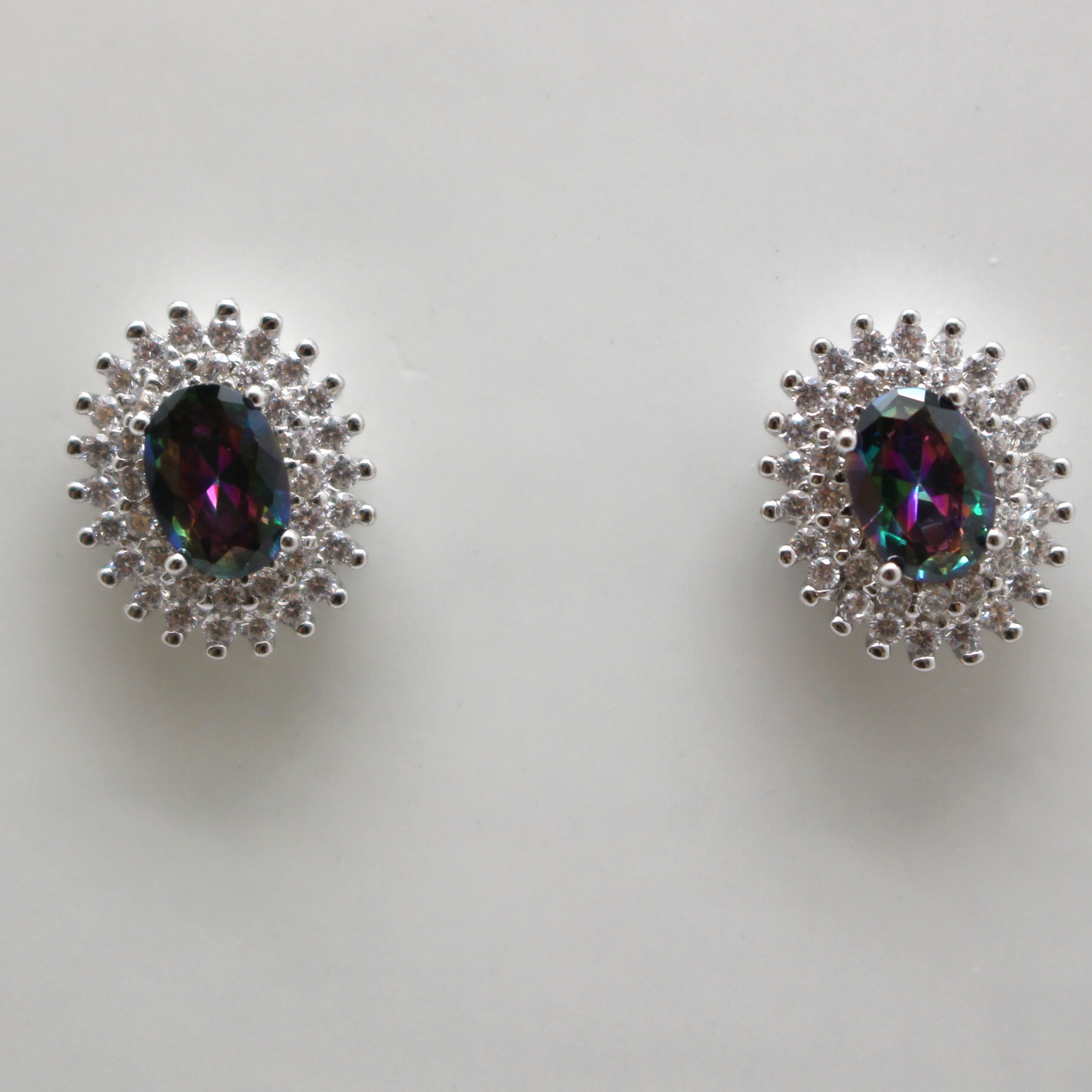 BLUE and MYSTIC TOPAZ CUBIC ZIRCONIA STERLING SILVER EARRINGS (OVAL)