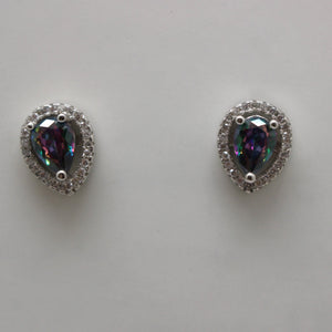 GREEN EMERALD,BLUE SAPPHIRE, PURPLE AMETHYST AND MIXED CUBIC ZIRCONIA STERLING SILVER EARRINGS (PEAR)