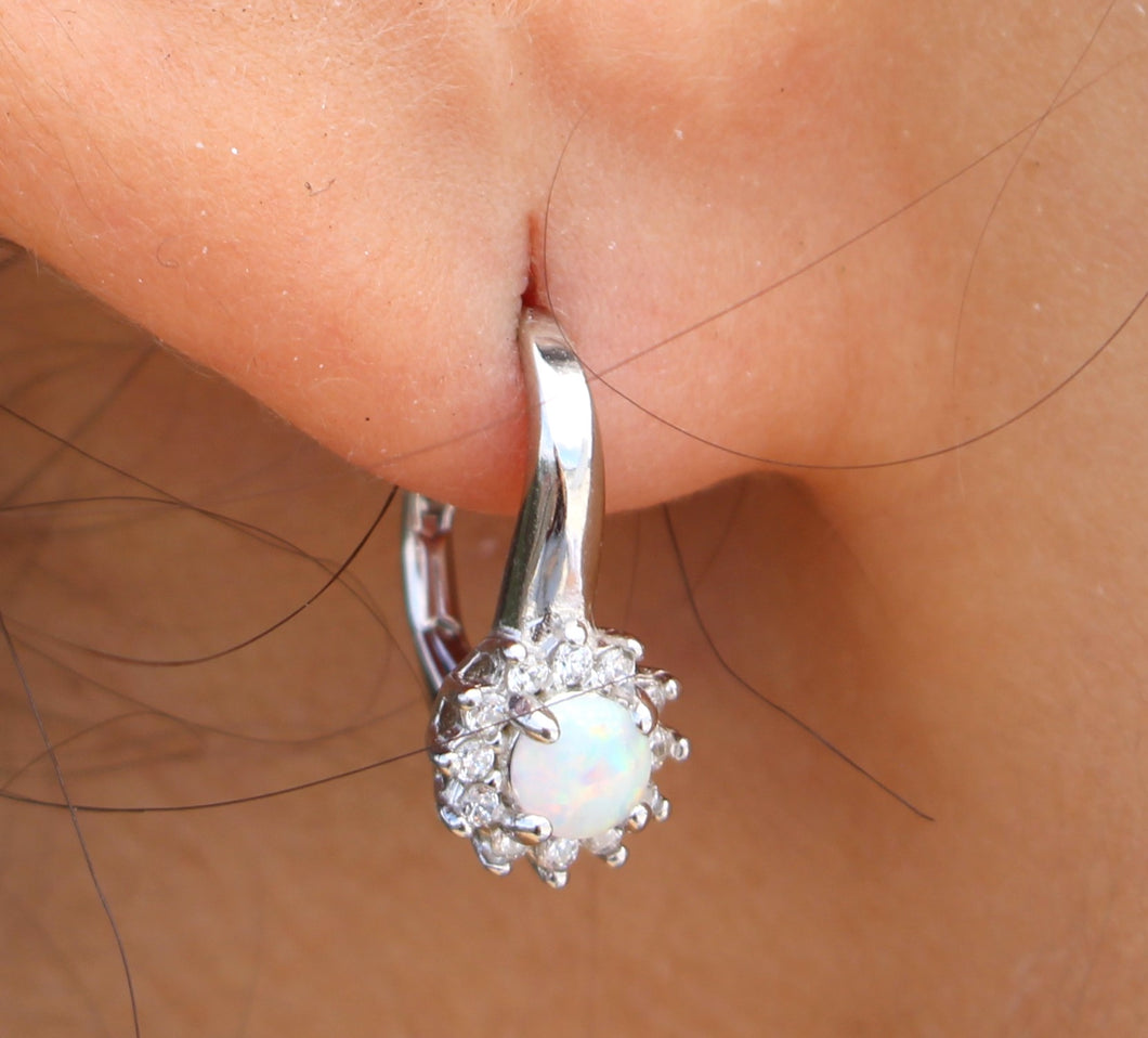 BLUE AND WHITE OPAL STERLING SILVER EARRINGS (ROUND)