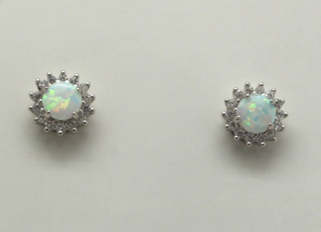 BLUE AND WHITE OPAL STERLING SILVER EARRINGS (ROUND)