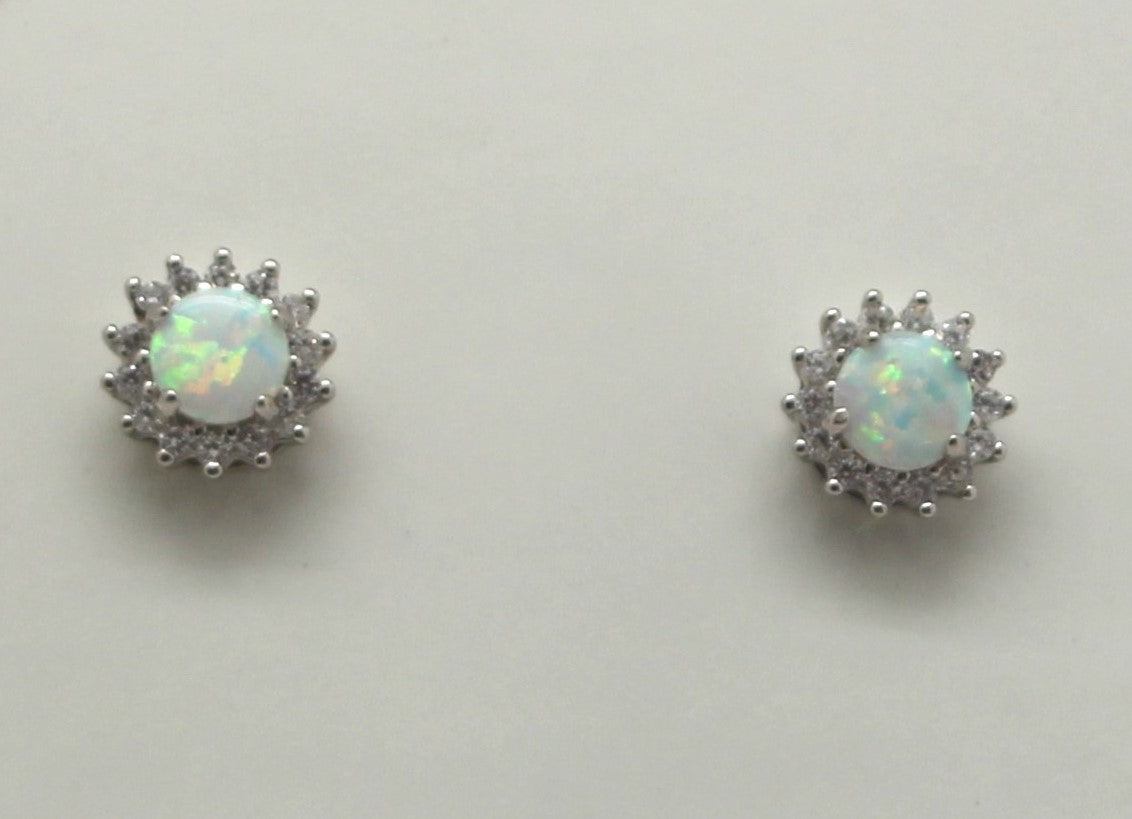 BLUE AND WHITE OPAL STERLING SILVER EARRINGS (ROUND)