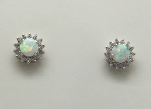 BLUE AND WHITE OPAL STERLING SILVER EARRINGS (ROUND)