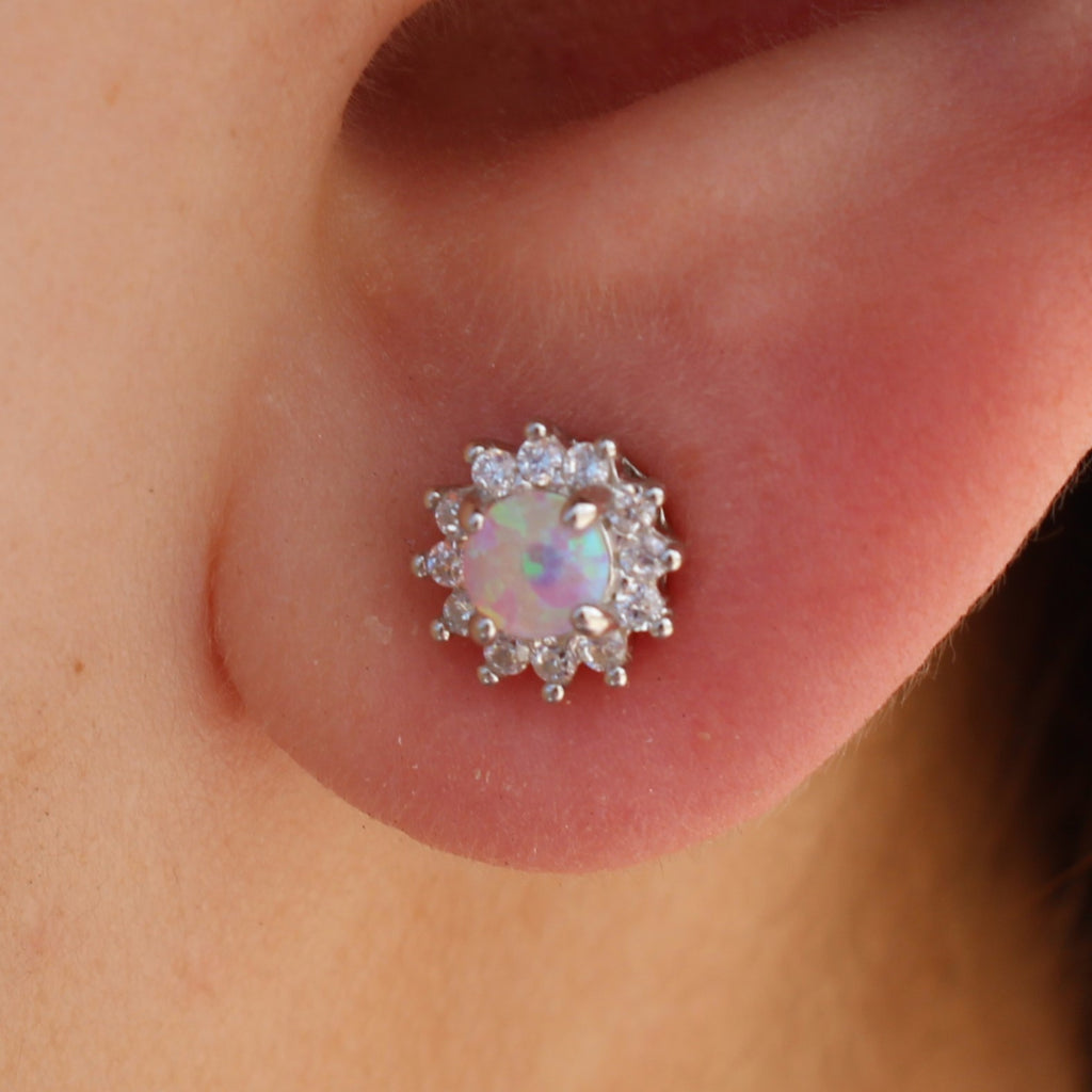 BLUE, WHITE AND PINK LAB OPAL STERLING SILVER EARRINGS