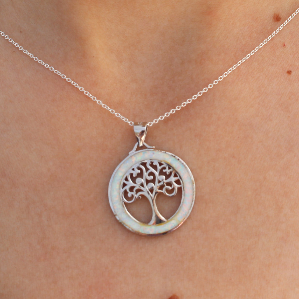 WHITE AND BLUE STERLING SILVER OPAL PENDANTS (TREE OF LIFE)