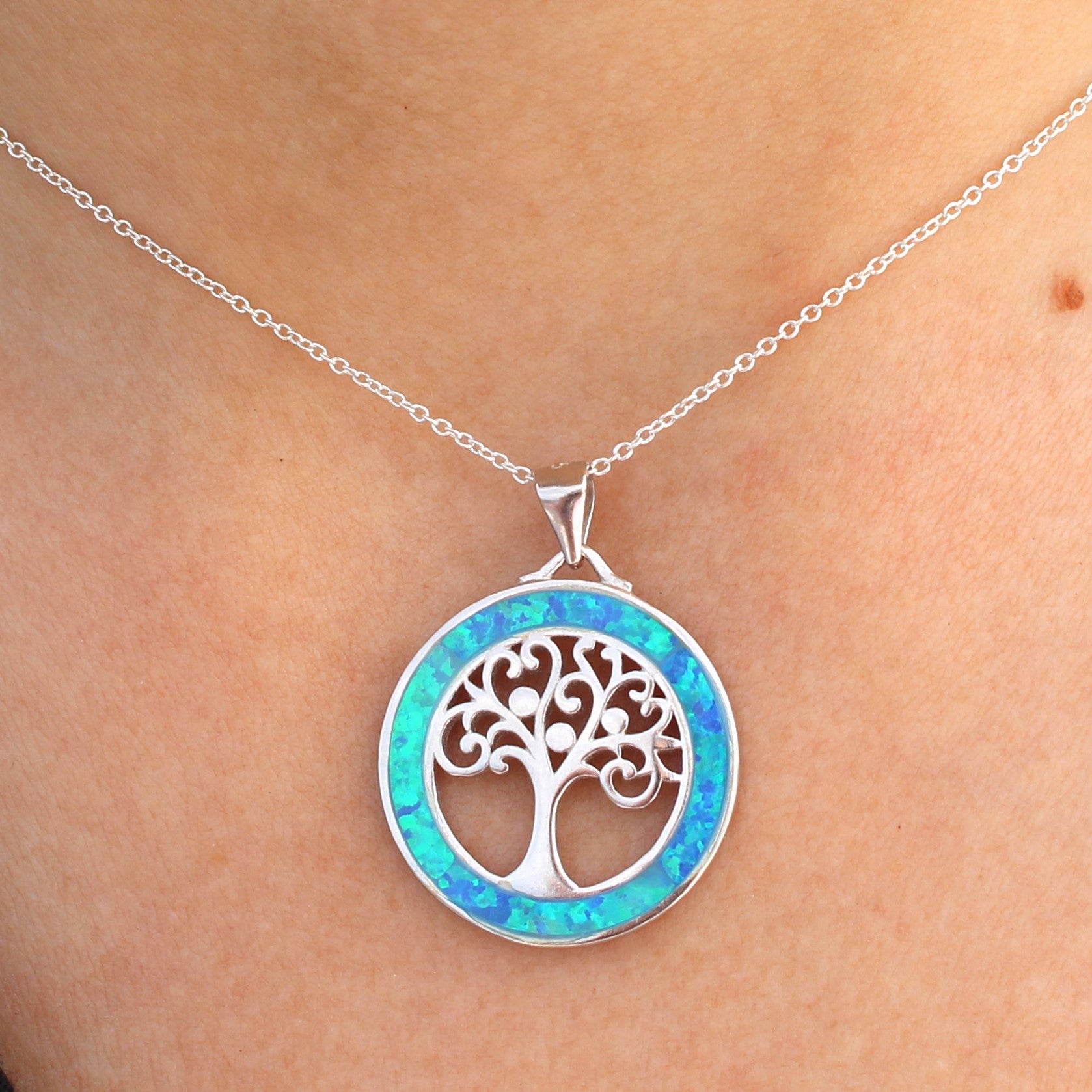 WHITE AND BLUE STERLING SILVER OPAL PENDANTS (TREE OF LIFE)