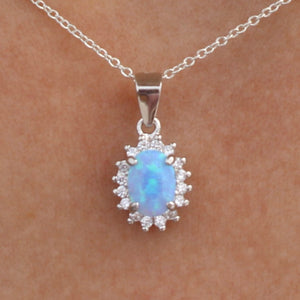 WHITE AND BLUE LAB OPAL STERLING SILVER PENDANT (OVAL)