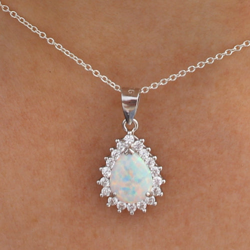 WHITE AND BLUE LAB OPAL STERLING SILVER PENDANT (PEAR)