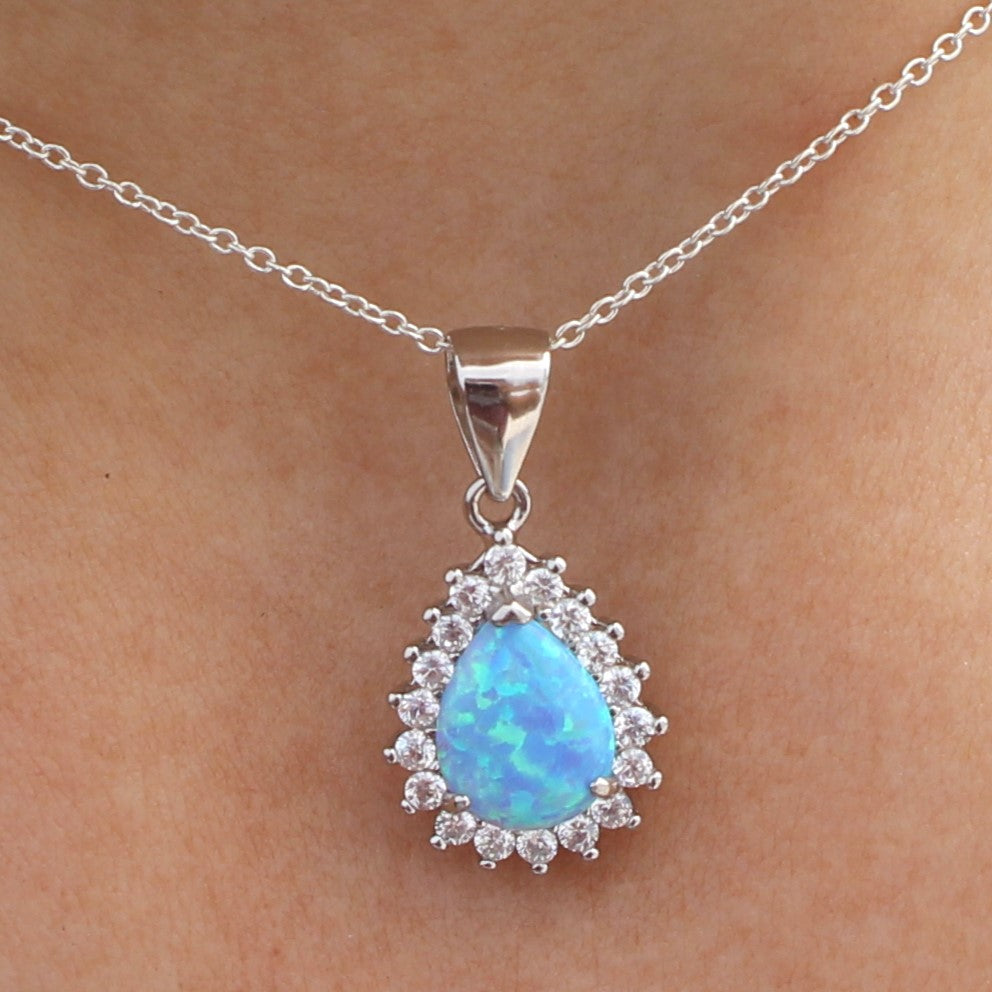 WHITE AND BLUE LAB OPAL STERLING SILVER PENDANT (PEAR)