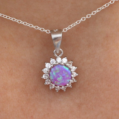 PURPLE, WHITE AND BLUE LAB OPAL STERLING SILVER PENDANT (CIRCLE)