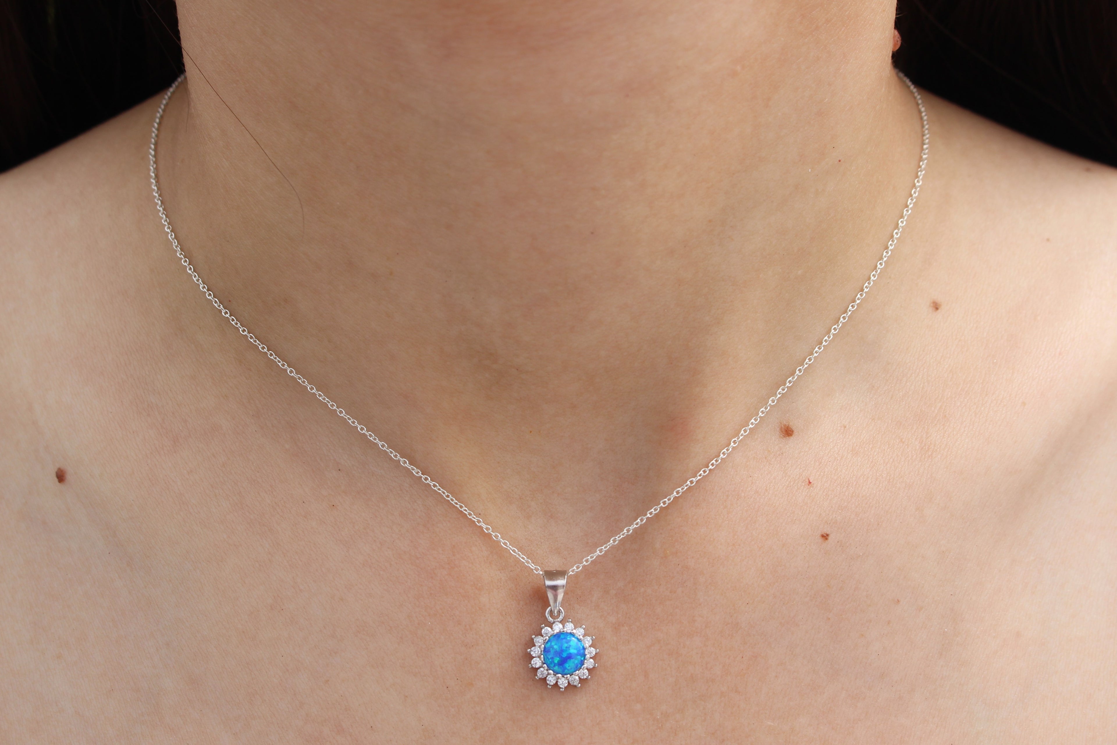 PURPLE, WHITE AND BLUE LAB OPAL STERLING SILVER PENDANT (CIRCLE)