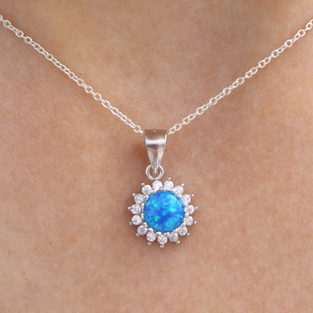PURPLE, WHITE AND BLUE LAB OPAL STERLING SILVER PENDANT (CIRCLE)