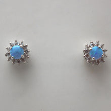 Load image into Gallery viewer, BLUE, WHITE AND PINK LAB OPAL STERLING SILVER EARRINGS