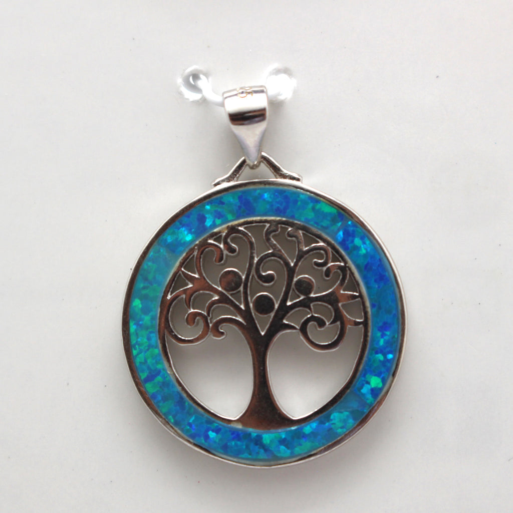 WHITE AND BLUE STERLING SILVER OPAL PENDANTS (TREE OF LIFE)