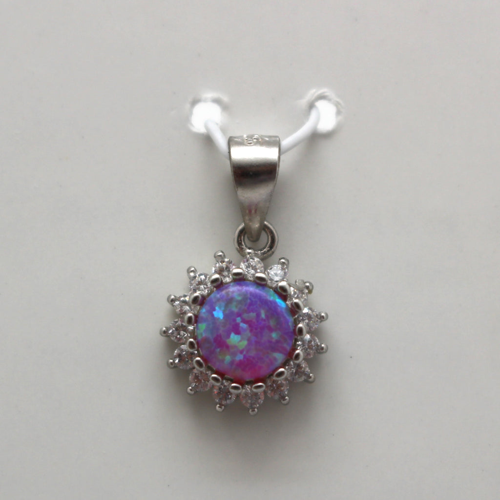 PURPLE, WHITE AND BLUE LAB OPAL STERLING SILVER PENDANT (CIRCLE)