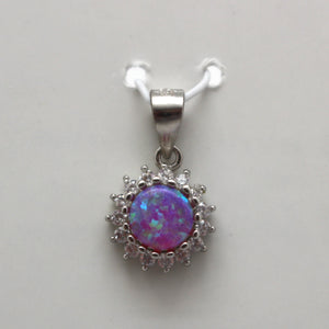 PURPLE, WHITE AND BLUE LAB OPAL STERLING SILVER PENDANT (CIRCLE)