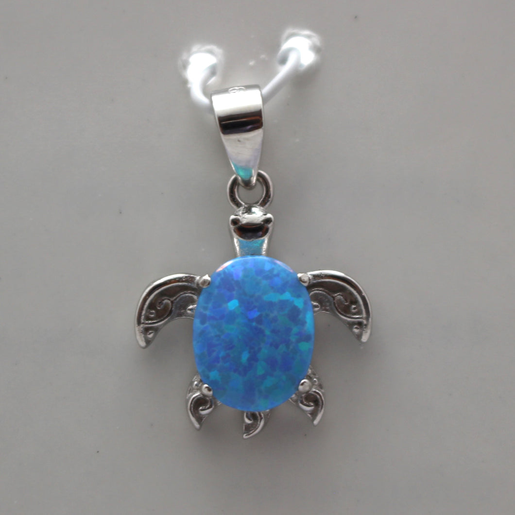 BLUE AND WHITE LAB OPAL STERLING SILVER PENDANT (TURTLE)