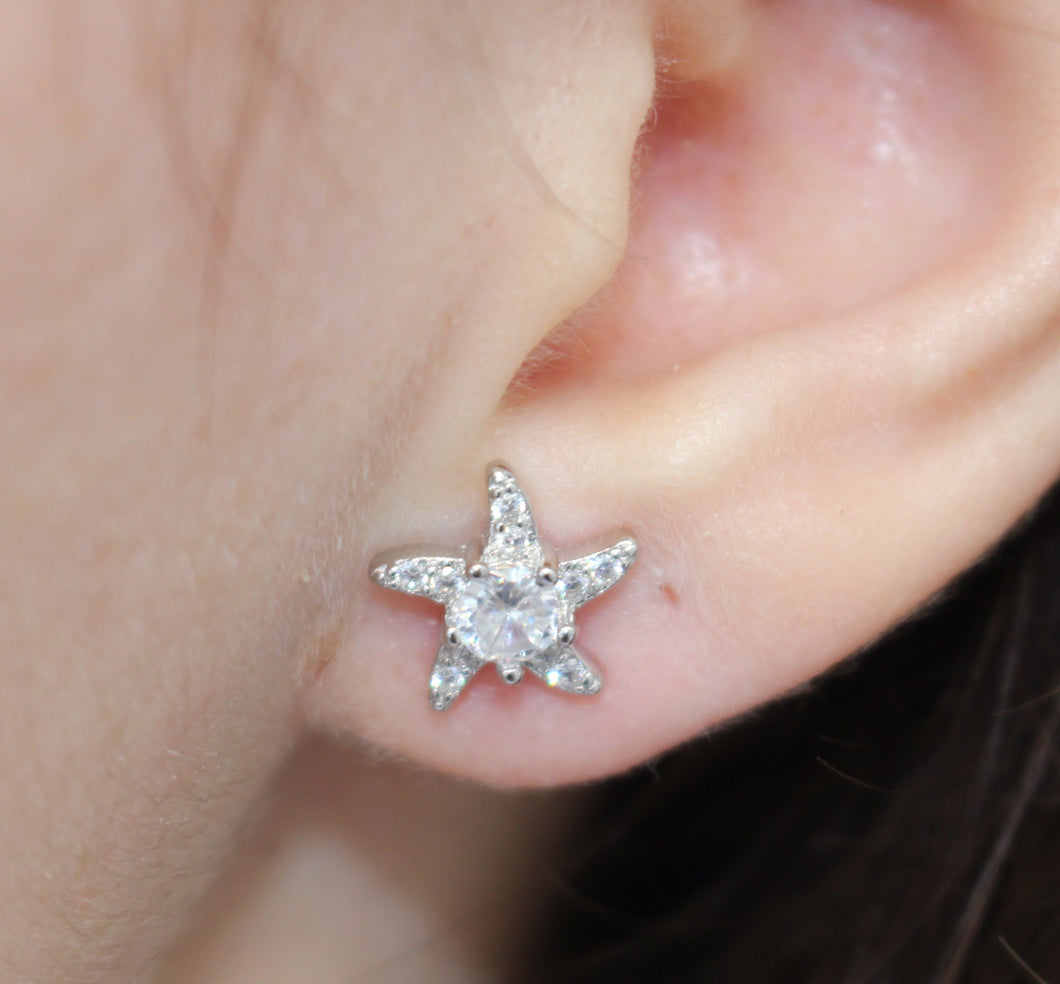 WHITE CUBIC ZIRCONIA STERLING SILVER EARRINGS (STARFISH)