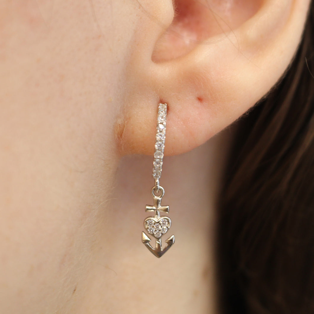 WHITE CUBIC ZIRCONIA STERLING SILVER EARRINGS (HOOP ANCHOR)