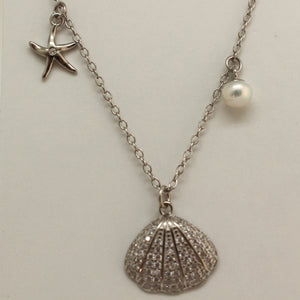 CUBIC ZIRCONIA STERLING SILVER NECKLACE (SEASHELL-STARFISH-PEARL)