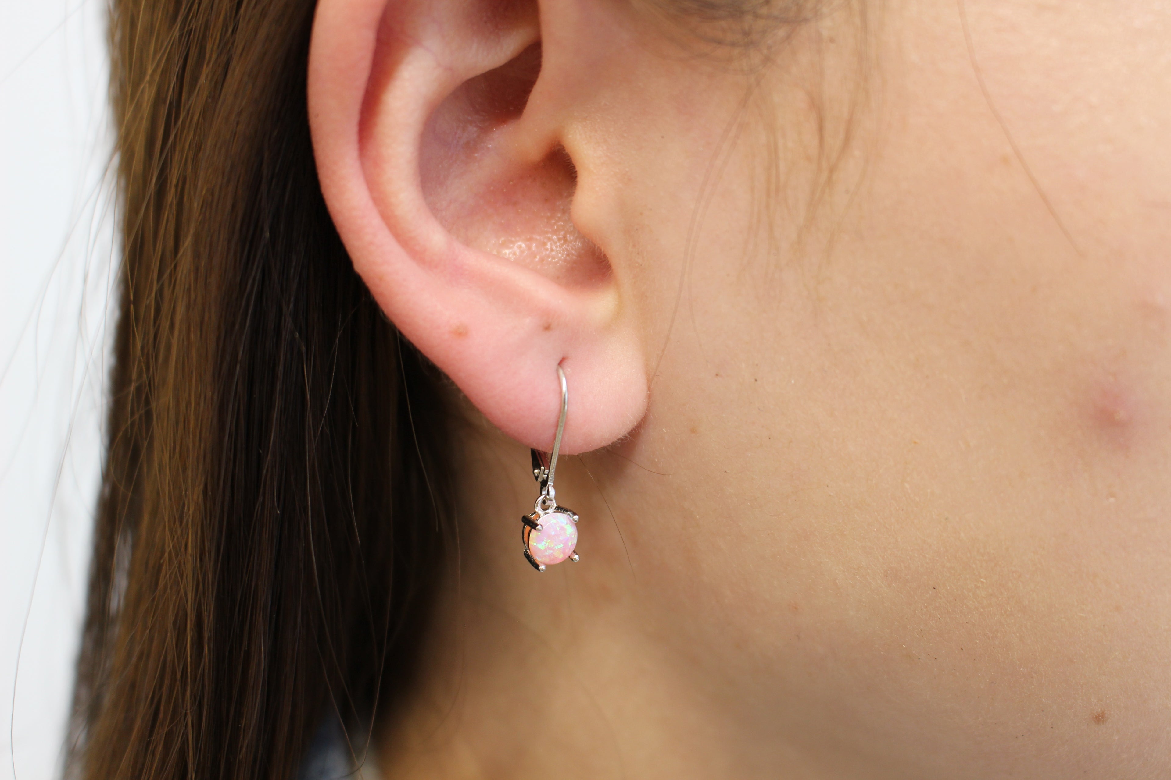 WHITE, BLUE, PINK LAB OPAL STERLING SILVER EARRINGS (ROUND)
