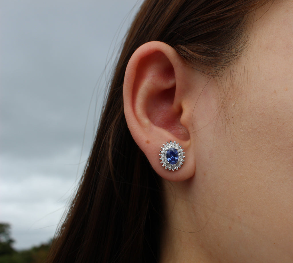BLUE and MYSTIC TOPAZ CUBIC ZIRCONIA STERLING SILVER EARRINGS (OVAL)