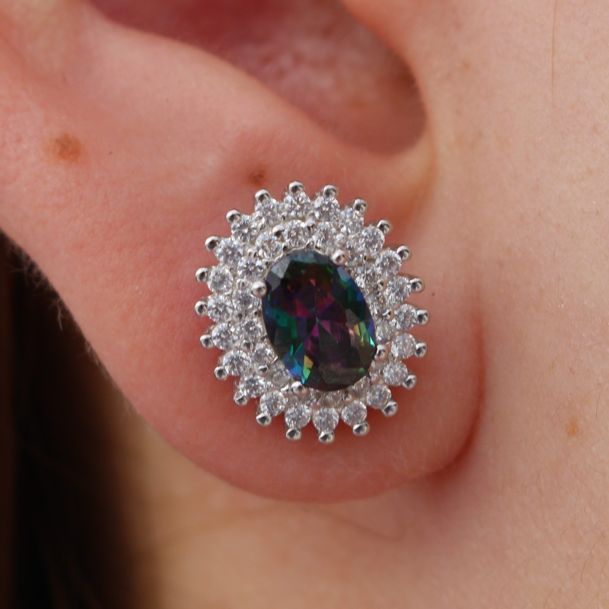 BLUE and MYSTIC TOPAZ CUBIC ZIRCONIA STERLING SILVER EARRINGS (OVAL)