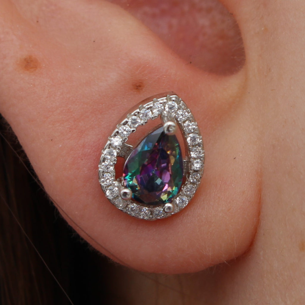 GREEN EMERALD,BLUE SAPPHIRE, PURPLE AMETHYST AND MIXED CUBIC ZIRCONIA STERLING SILVER EARRINGS (PEAR)