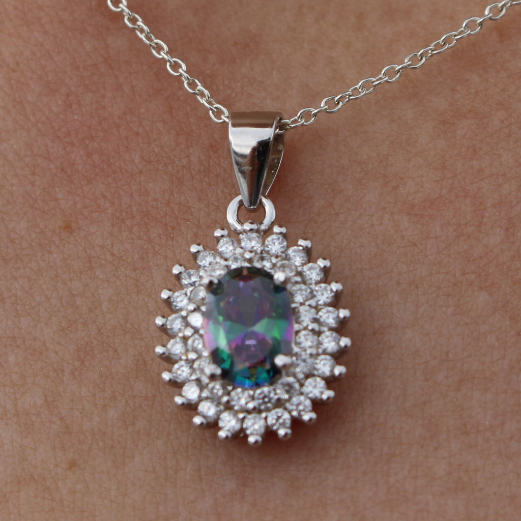 BLUE and MYSTIC TOPAZ CUBIC ZIRCONIA STERLING SILVER PENDANT (OVAL)