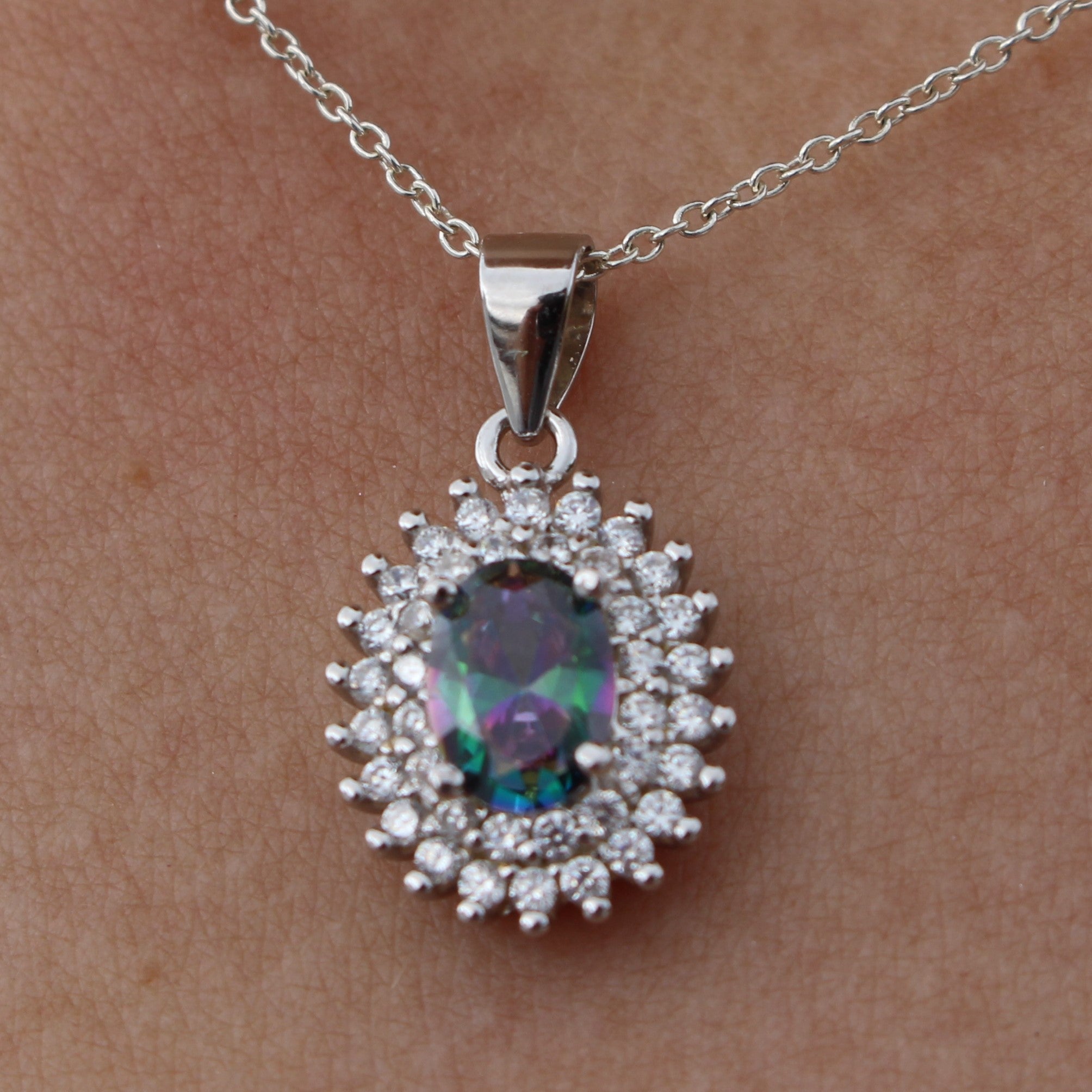 BLUE and MYSTIC TOPAZ CUBIC ZIRCONIA STERLING SILVER PENDANT (OVAL)