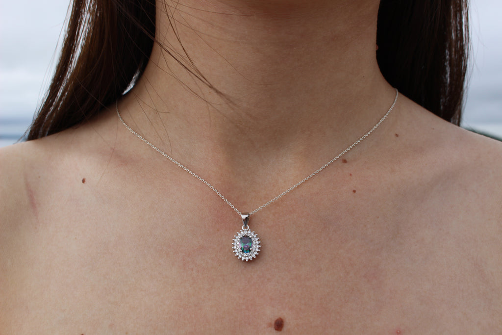 BLUE and MYSTIC TOPAZ CUBIC ZIRCONIA STERLING SILVER PENDANT (OVAL)